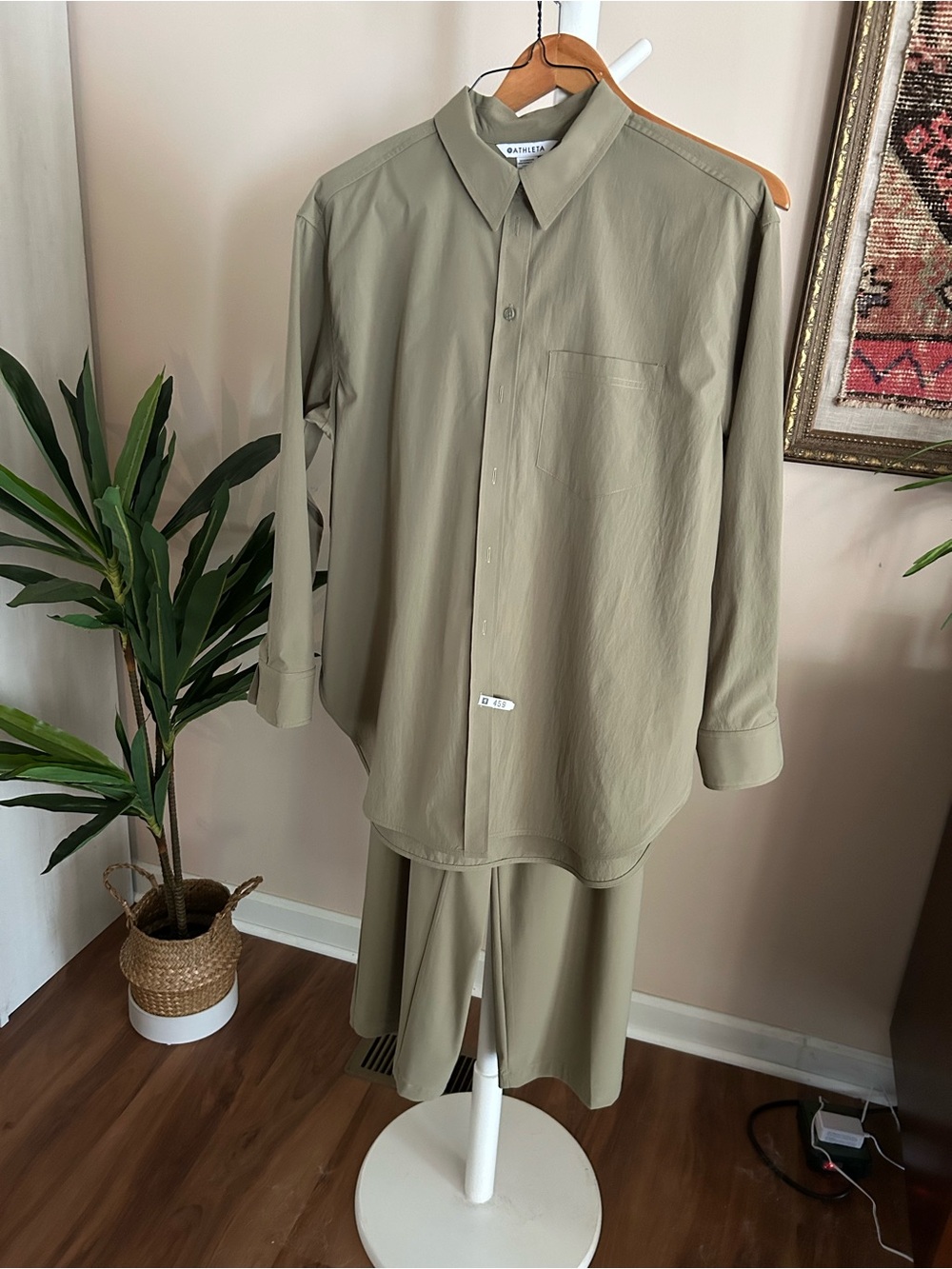 Athleta Olive Green Button-Down Shirt and Pants Set